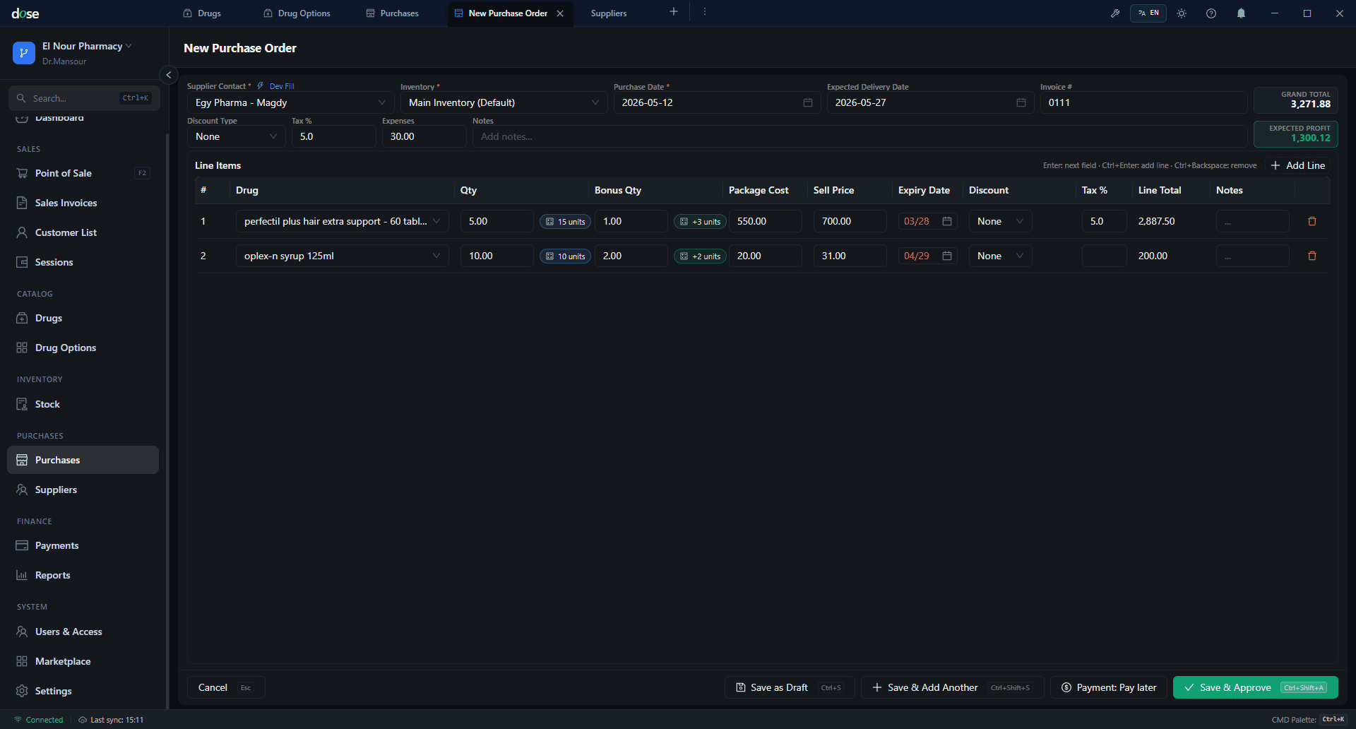 New purchase order with supplier, expiry, bonus qty, expected profit